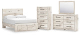 Lawroy Light Natural Panel Bedroom Set — 2-Drawer Footboard Storage — Full / 4: Bed, Dresser, Mirror, Chest