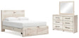 Lawroy Light Natural Panel Bedroom Set — 2-Drawer Footboard Storage — Queen / 3: Bed, Dresser, Mirror
