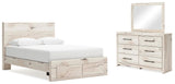 Lawroy Light Natural Panel Bedroom Set — 2-Drawer Footboard Storage — Queen / 3: Bed, Dresser, Mirror