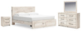 Lawroy Light Natural Panel Bedroom Set — 2-Drawer Footboard Storage — King / 4: Bed, Dresser, Mirror, Nightstand