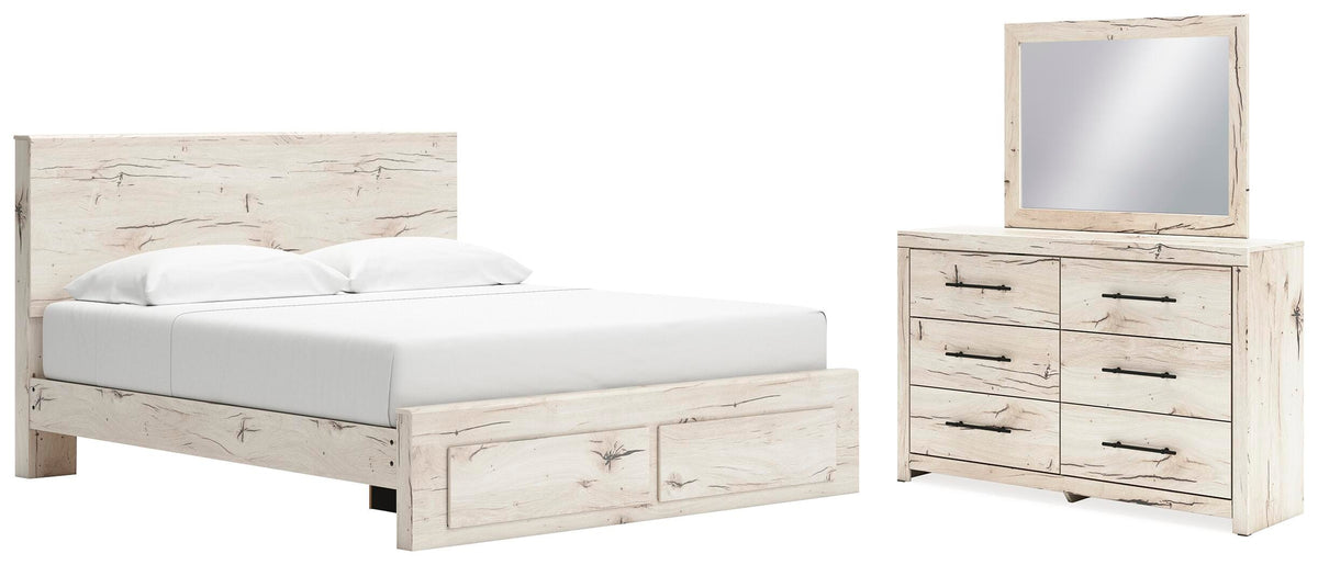 Lawroy Light Natural Panel Bedroom Set — 2-Drawer Footboard Storage — King / 3: Bed, Dresser, Mirror