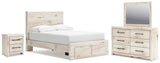 Lawroy Light Natural Panel Bedroom Set — 2-Drawer Footboard Storage — Full / 4: Bed, Dresser, Mirror, Nightstand