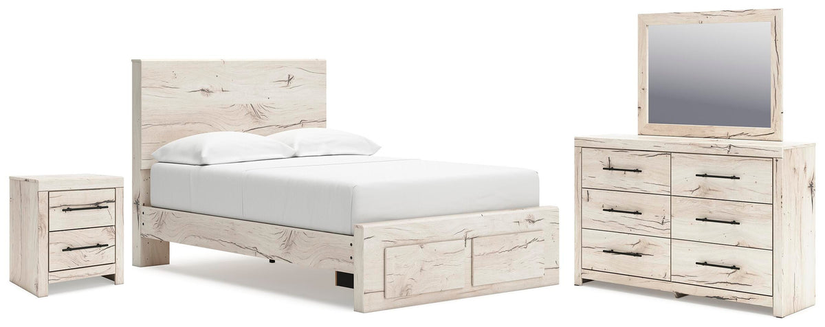 Lawroy Light Natural Panel Bedroom Set — 2-Drawer Footboard Storage — Full / 4: Bed, Dresser, Mirror, Nightstand