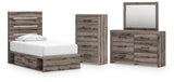 Graystorm Brown Gray Panel Bedroom Set — 4-Drawer Under-Bed Storage — Twin / 4: Bed, Dresser, Mirror, Chest