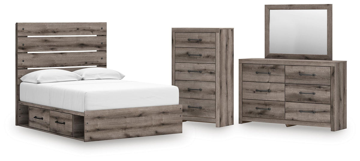 Graystorm Brown Gray Panel Bedroom Set — 4-Drawer Under-Bed Storage — Full / 4: Bed, Dresser, Mirror, Chest