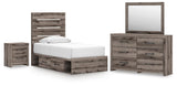 Graystorm Brown Gray Panel Bedroom Set — 4-Drawer Under-Bed Storage — Twin / 4: Bed, Dresser, Mirror, Nightstand