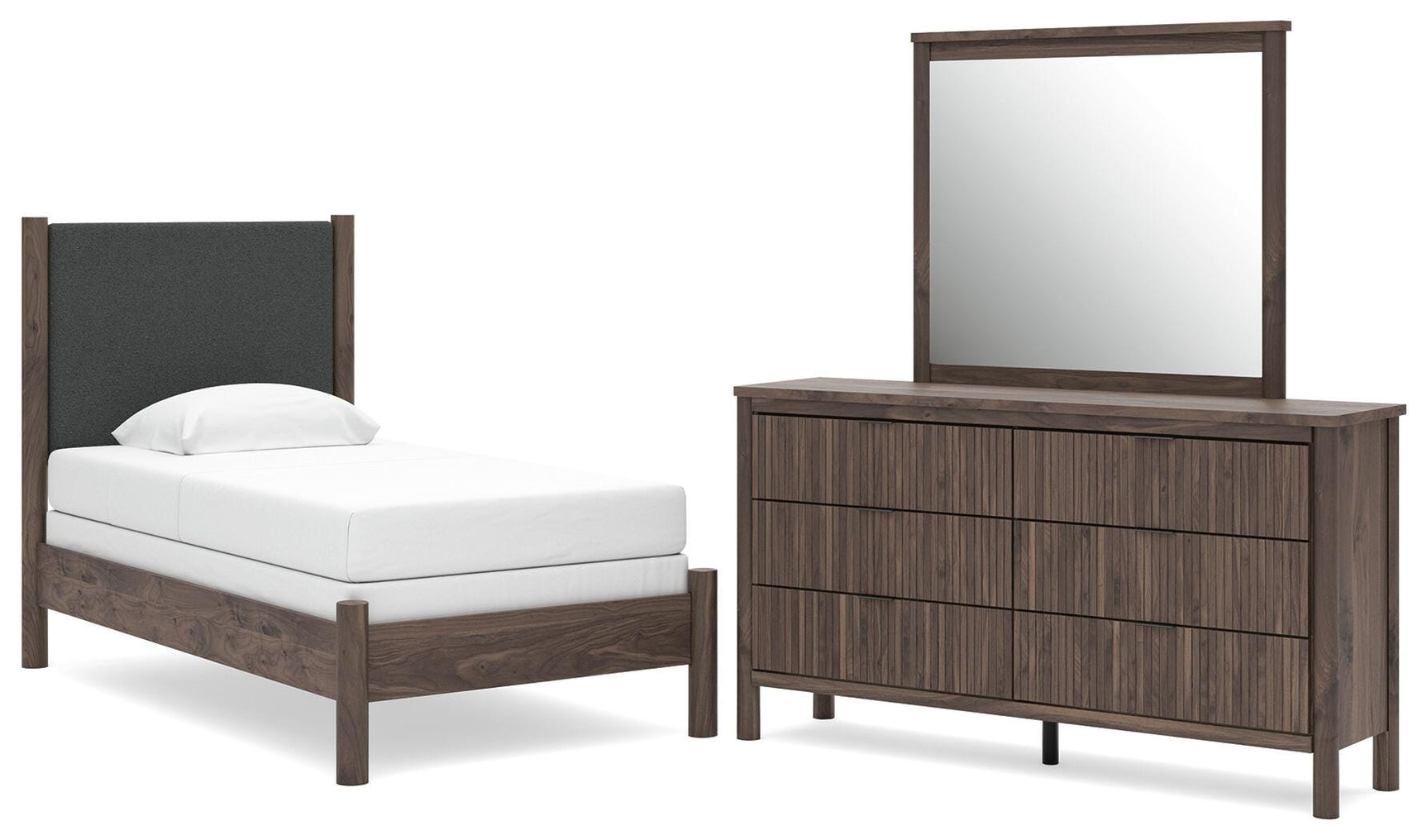 Pamytta Brown Upholstered Panel Bedroom Set Twin 3: Bed, Dresser, Mirror from Ella Furniture