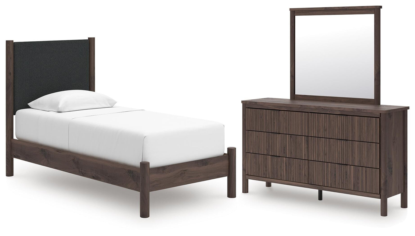Pamytta Brown Upholstered Platform Bedroom Set Twin 3: Bed, Dresser, Mirror from Ella Furniture