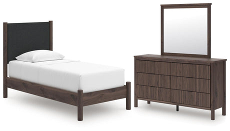 Pamytta Brown Upholstered Platform Bedroom Set Twin 3: Bed, Dresser, Mirror from Ella Furniture
