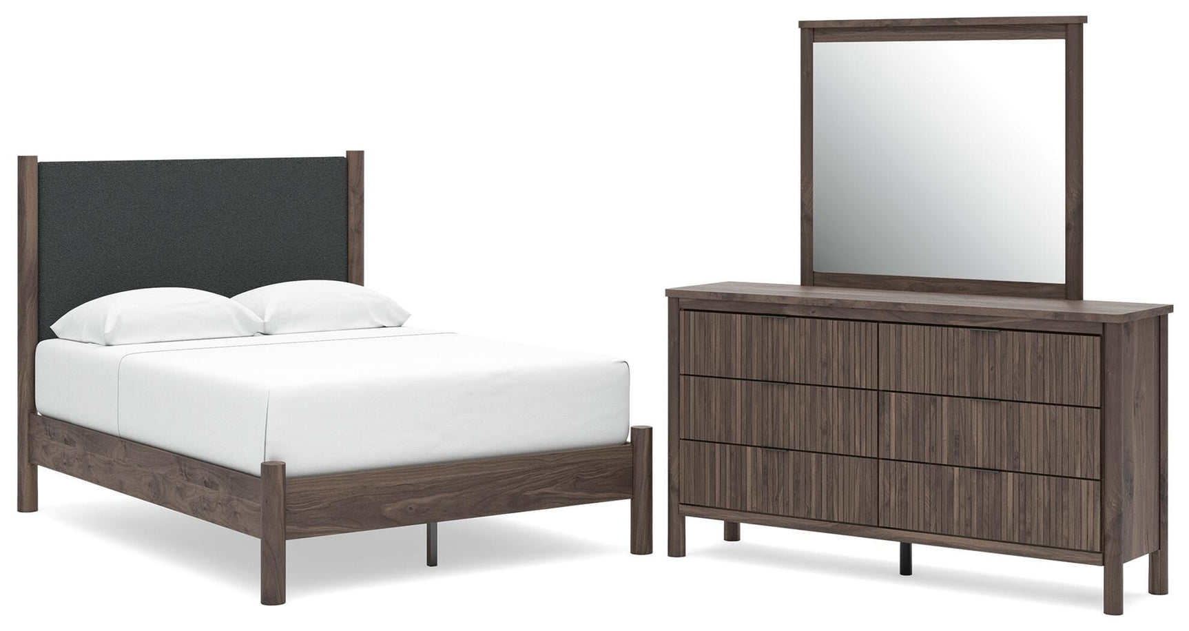 Pamytta Brown Upholstered Platform Bedroom Set Full 3: Bed, Dresser, Mirror from Ella Furniture