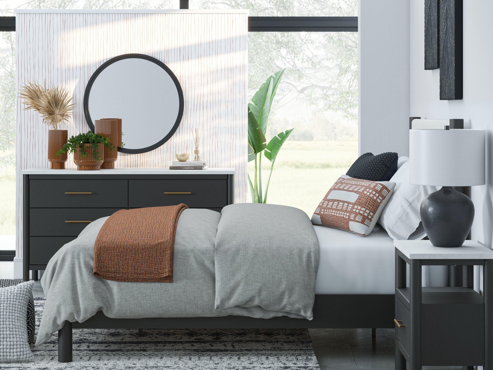 Cadmori Black White Queen Upholstered Panel Bed