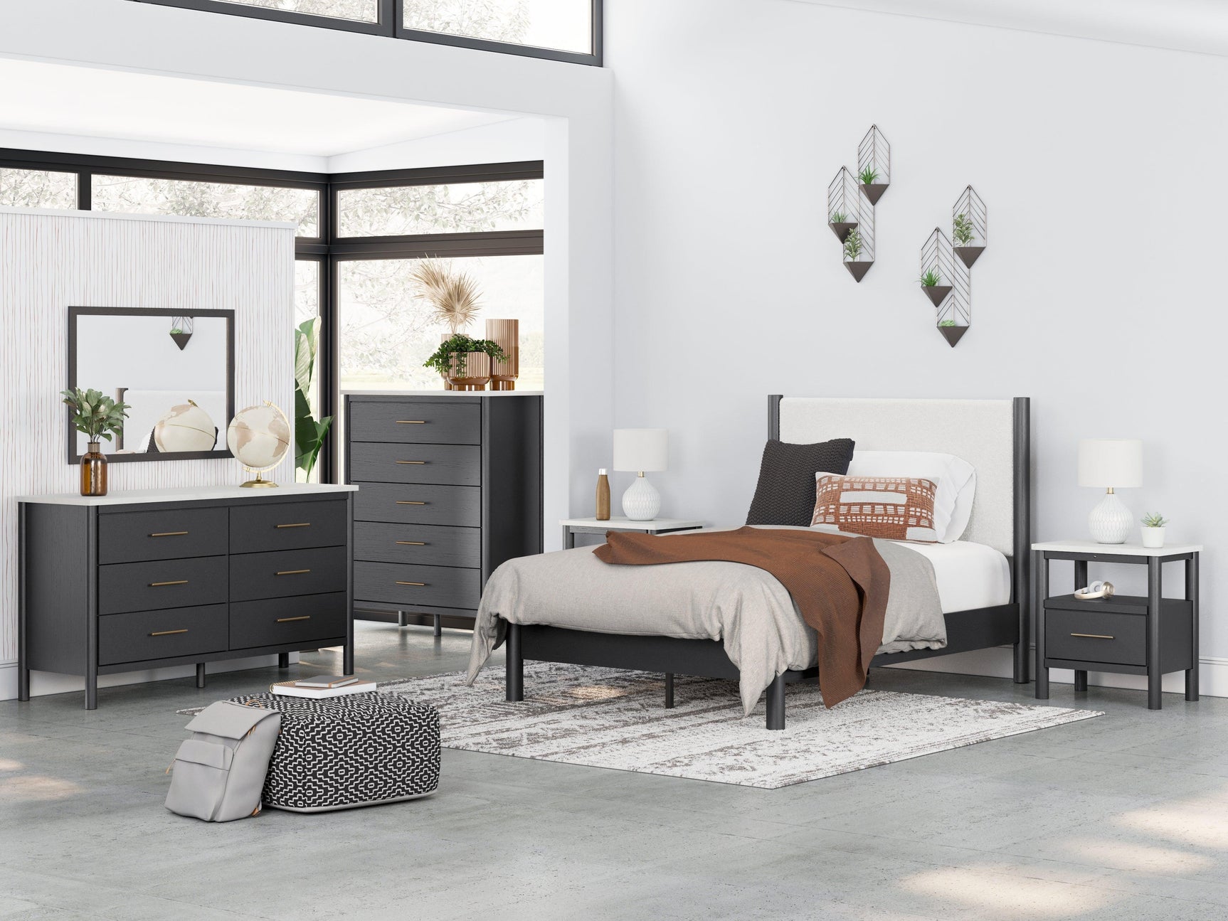 Cadmori Black/White Full Upholstered Panel Bed