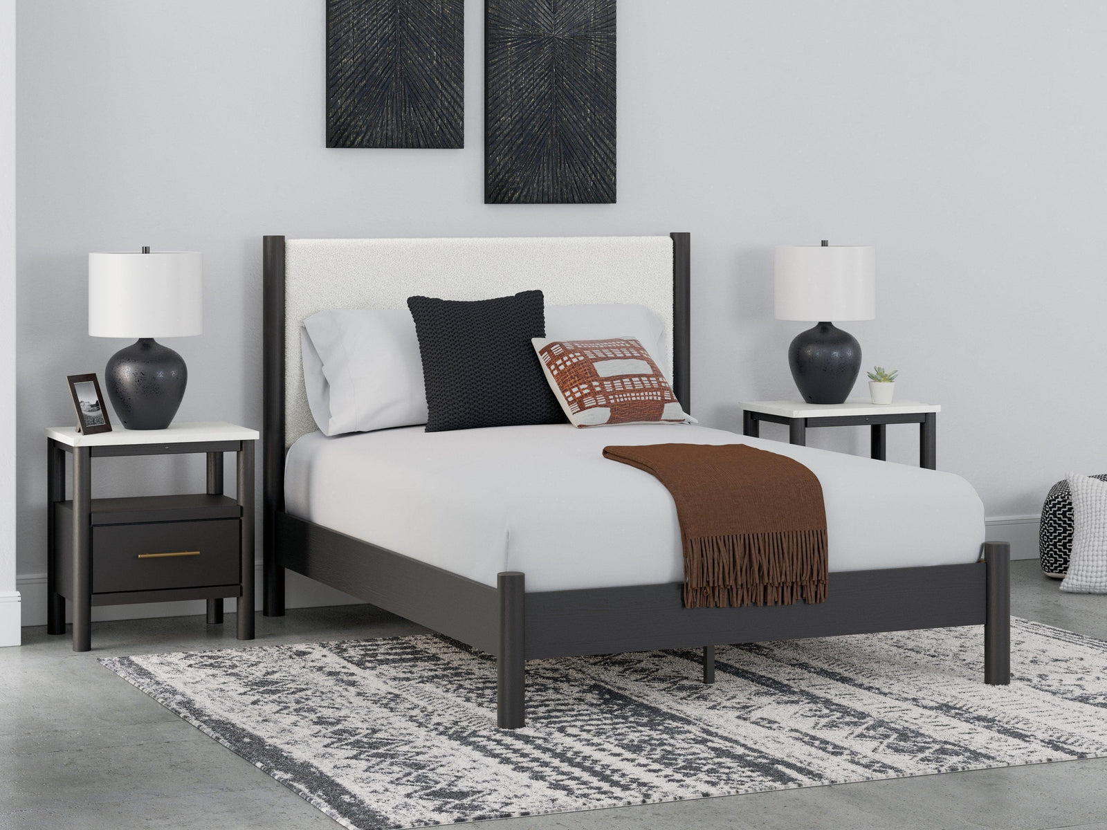 Cadmori Black White Queen Upholstered Panel Bed