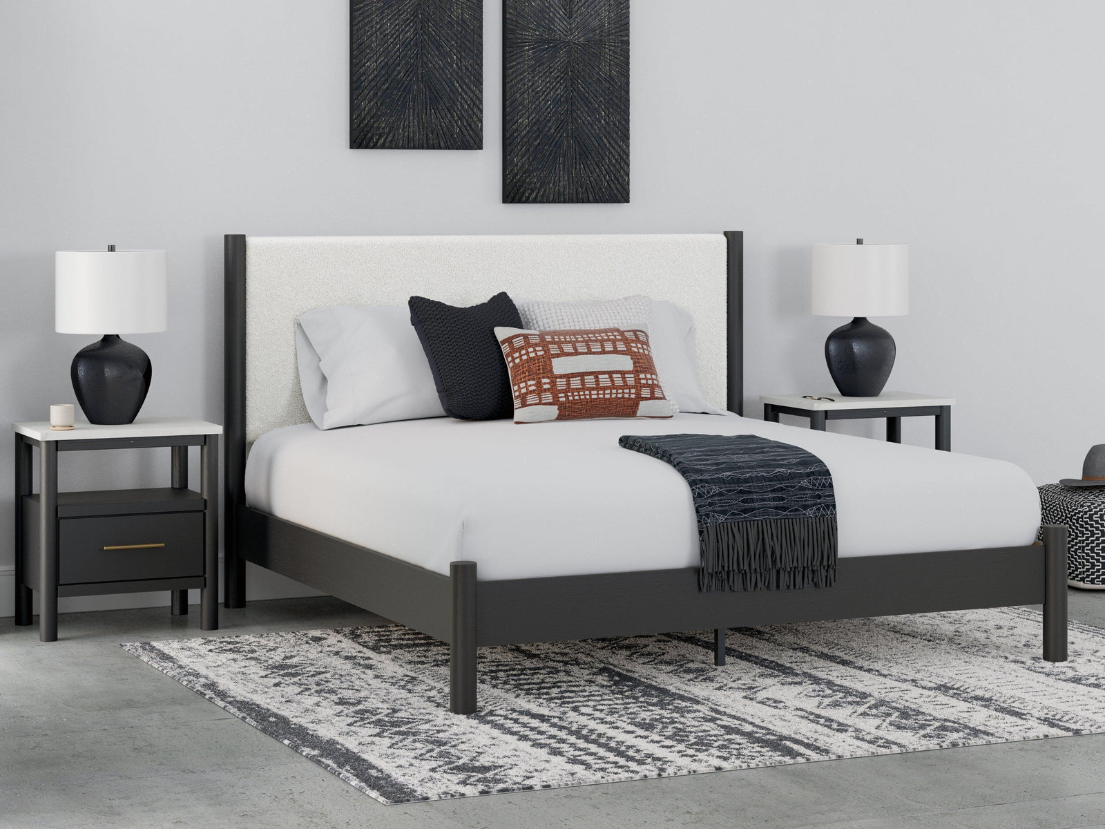 Cadmori Black White King Upholstered Panel Bed