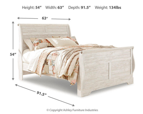 Willowton Whitewash Queen Sleigh Bed dimension view