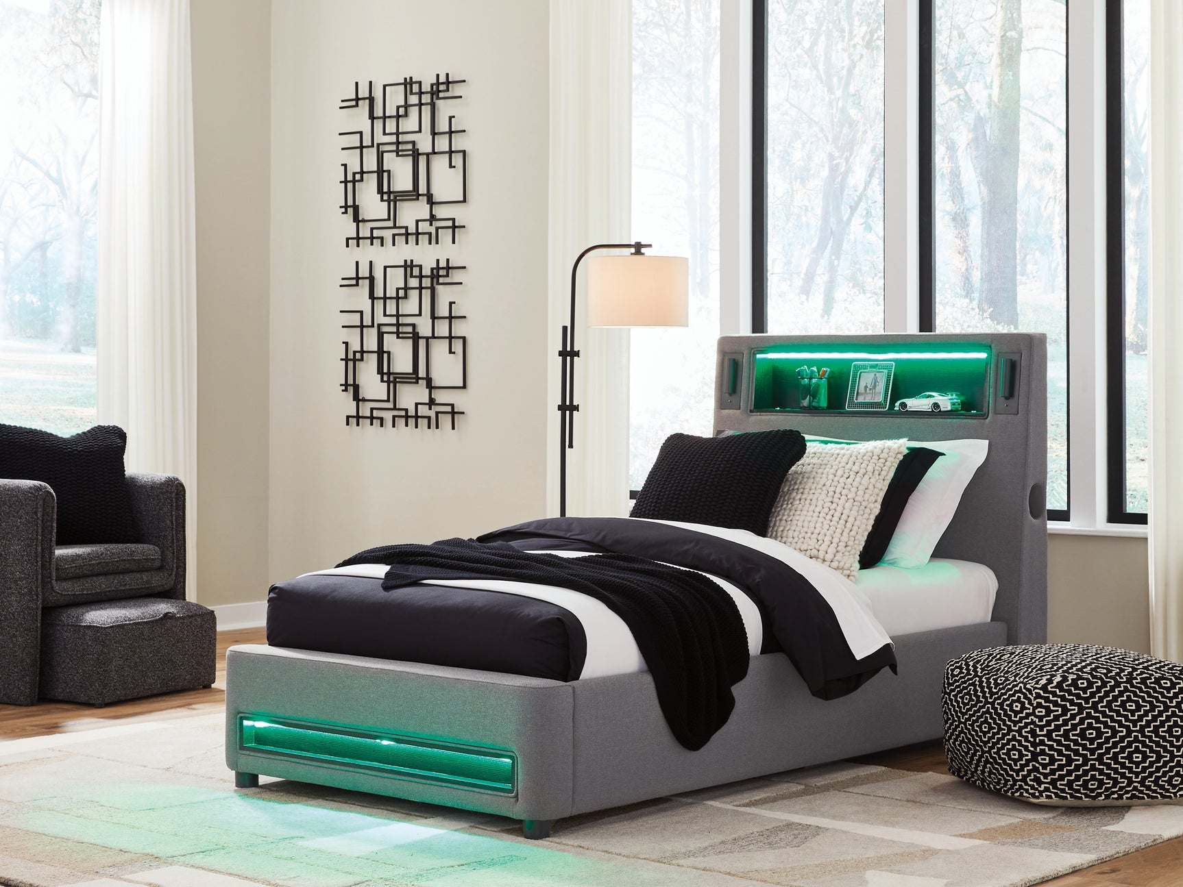 Verishaw Gray Twin Upholstered Bed with Wireless Audio
