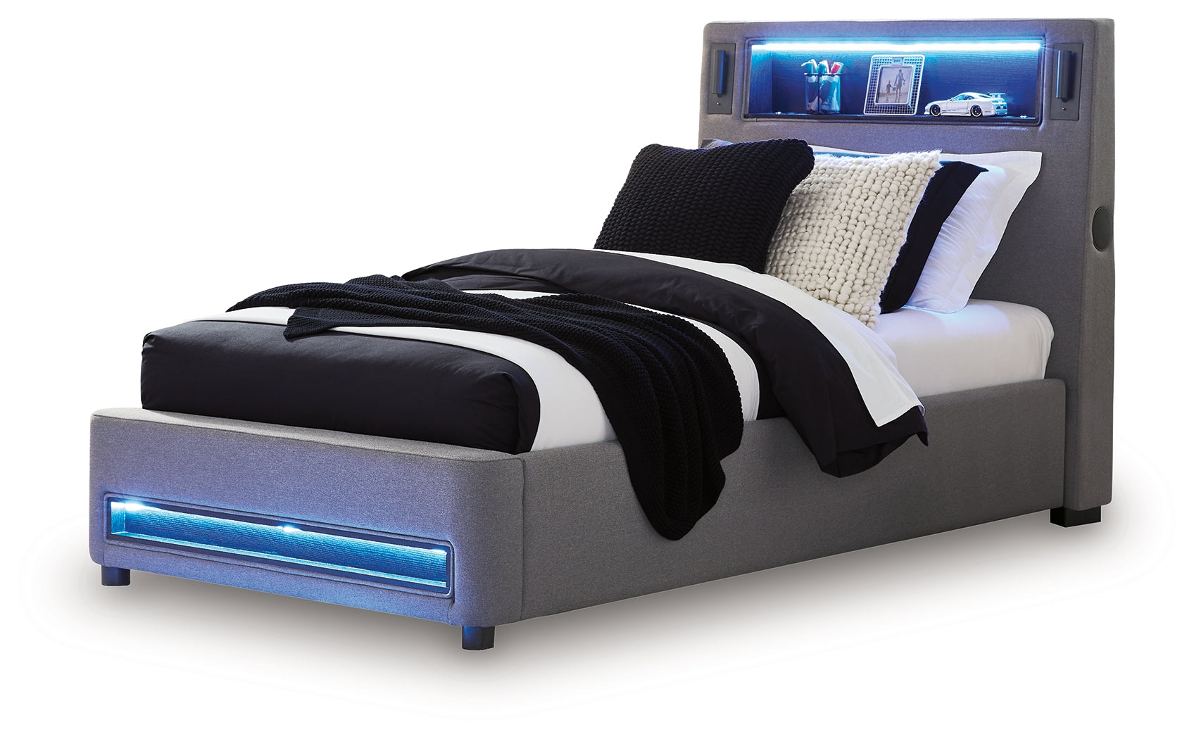 Verishaw Gray Twin Upholstered Bed with Wireless Audio