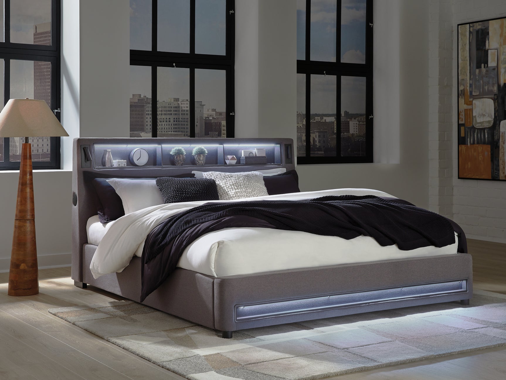 Verishaw Gray King Upholstered Bed with Wireless Audio