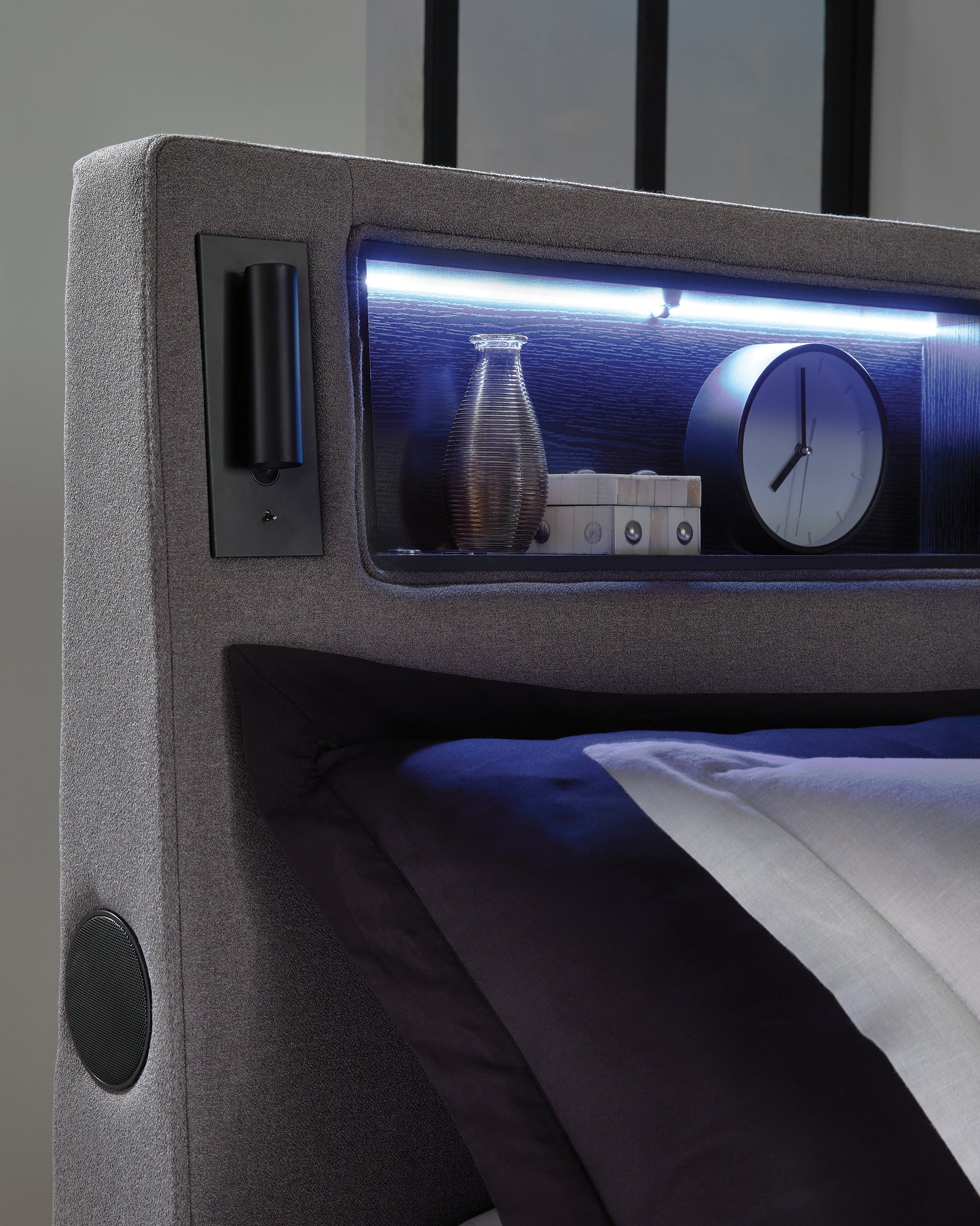Verishaw Gray King Upholstered Bed with Wireless Audio