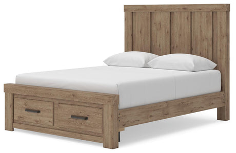 Oliandon Light Brown Queen Panel Storage Bed angled view