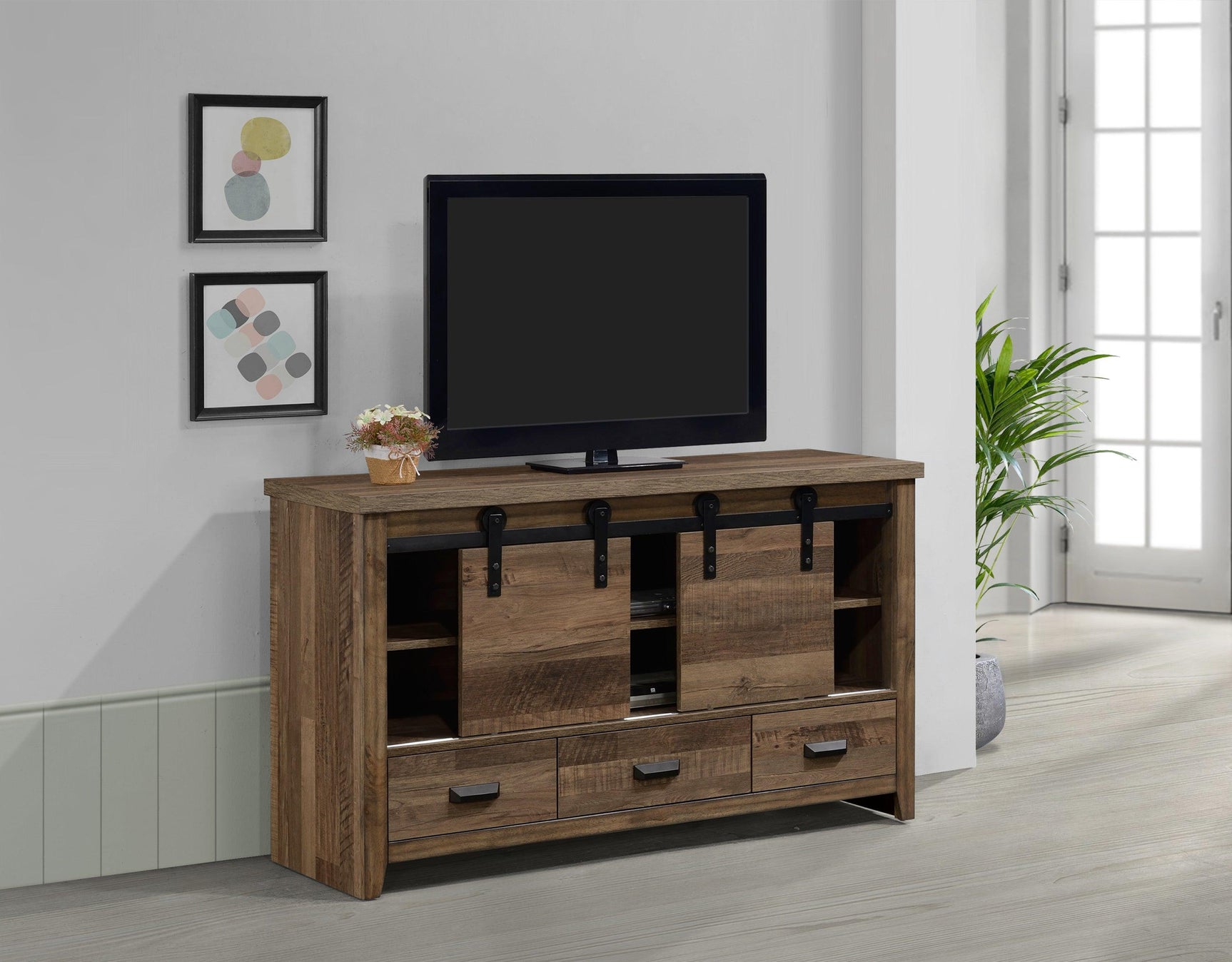 Calhoun Media Chest With Barn Door, Entertainments Cabinet, Wood And Veneer, And Features A Rustic Distressed Finish - Ella Furniture