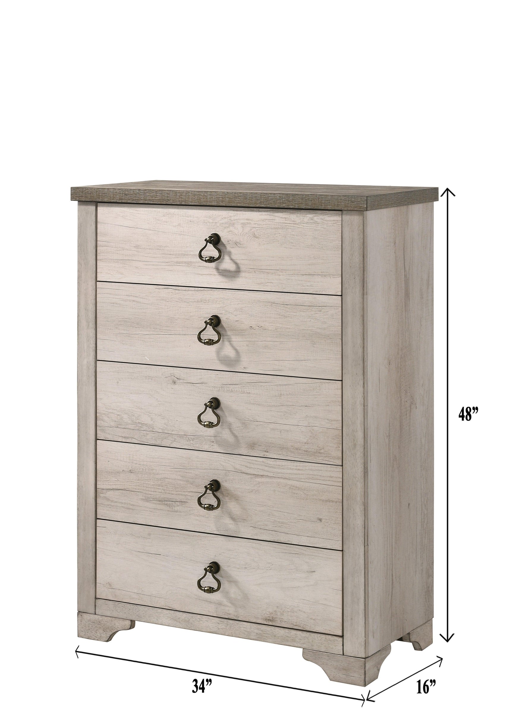 Patterson Chest Driftwood, Modern Sturdy Wood, Ring Metal Knob 5 Drawers - Ella Furniture