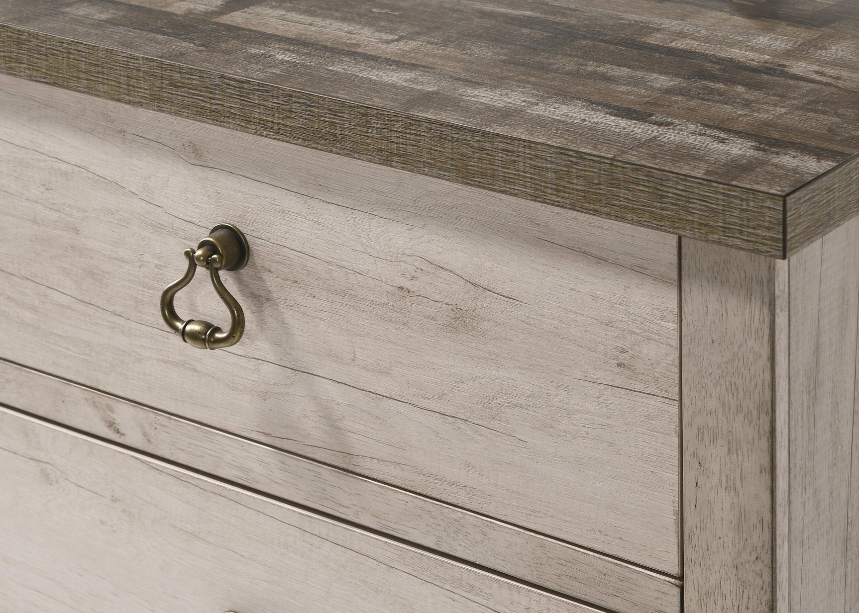 Patterson Night Stand Driftwood, Sleek And Modern Wood, Metal Ring 2 Drawers - Ella Furniture