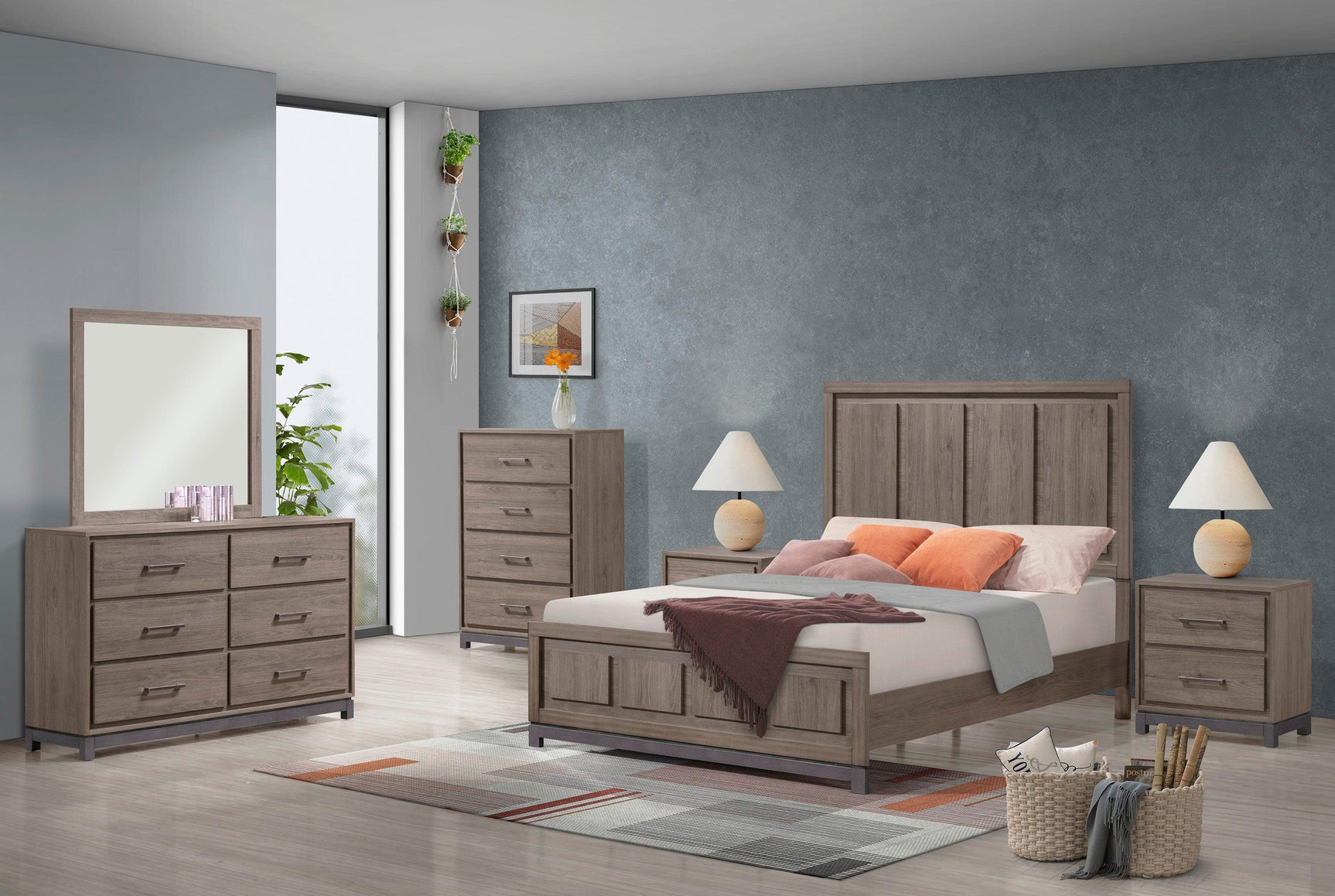River Brown Modern Contemporary Solid Wood And Veneers Upholstered Panel Bedroom Set - Ella Furniture