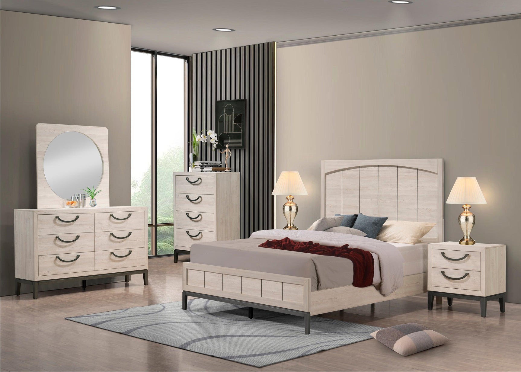 Veda Beige Modern Contemporary Solid Wood And Veneers Upholstered Panel Queen Bed - Ella Furniture