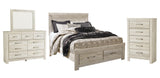Bellaby Whitewash Platform Bedroom Set — 2-Drawer Footboard Storage — Queen / 4: Bed, Dresser, Mirror, Chest