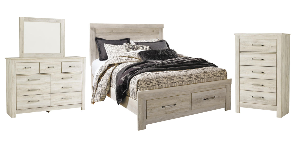 Bellaby Whitewash Platform Bedroom Set — 2-Drawer Footboard Storage — Queen / 4: Bed, Dresser, Mirror, Chest