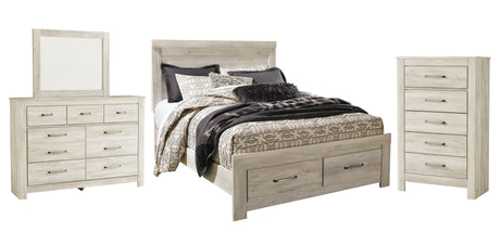 Bellaby Whitewash Platform Bedroom Set — 2-Drawer Footboard Storage — Queen / 4: Bed, Dresser, Mirror, Chest