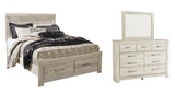 Bellaby Whitewash Platform Bedroom Set — 2-Drawer Footboard Storage — Queen / 3: Bed, Dresser, Mirror
