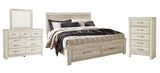 Bellaby Whitewash Platform Bedroom Set — 2-Drawer Footboard Storage — King / 4: Bed, Dresser, Mirror, Chest