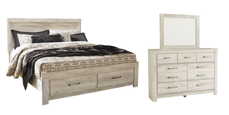 Bellaby Whitewash Platform Bedroom Set — 2-Drawer Footboard Storage — King / 3: Bed, Dresser, Mirror