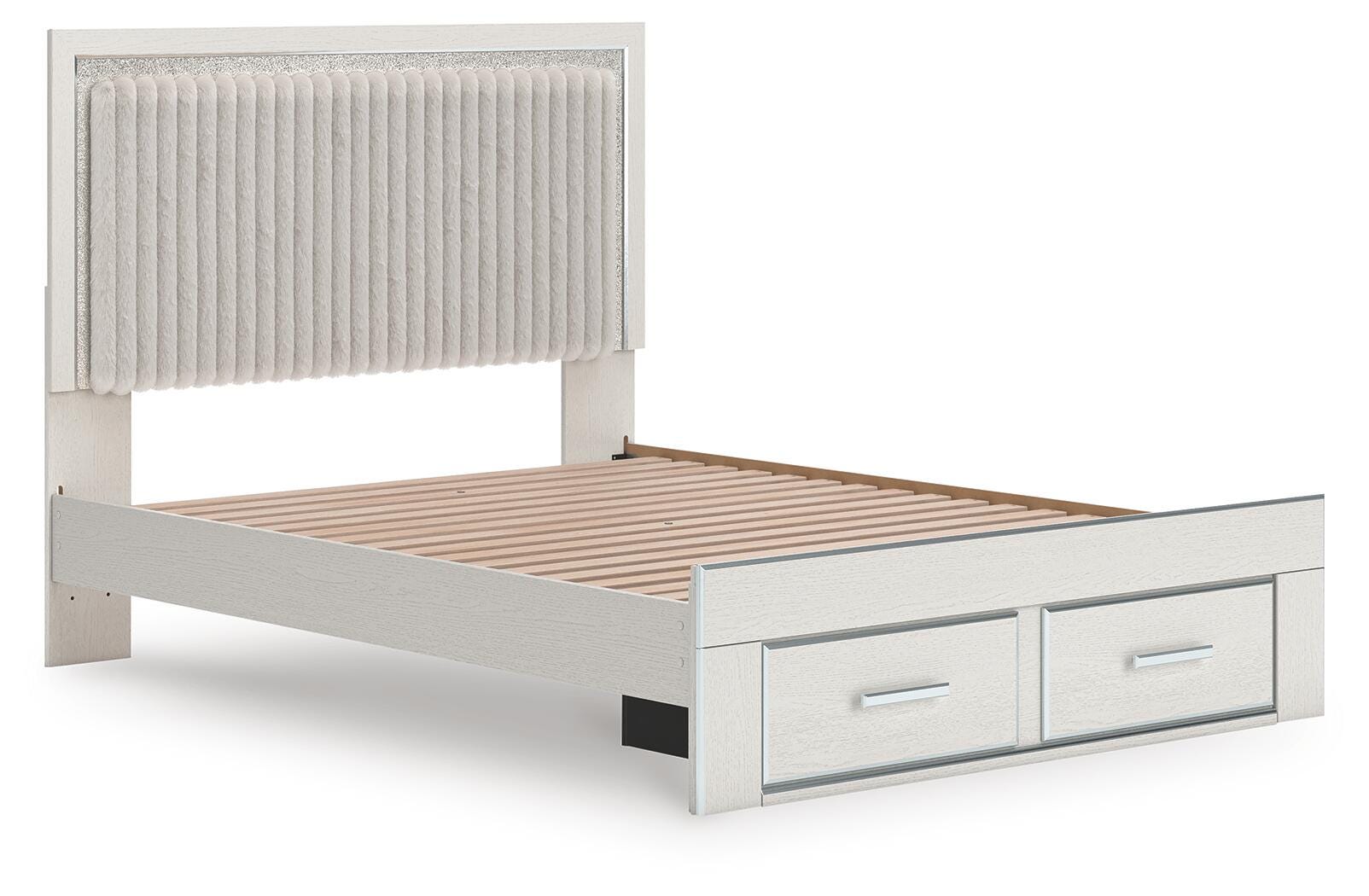 Zuraleus White Upholstered Panel Platform Storage Bedroom Set angled view