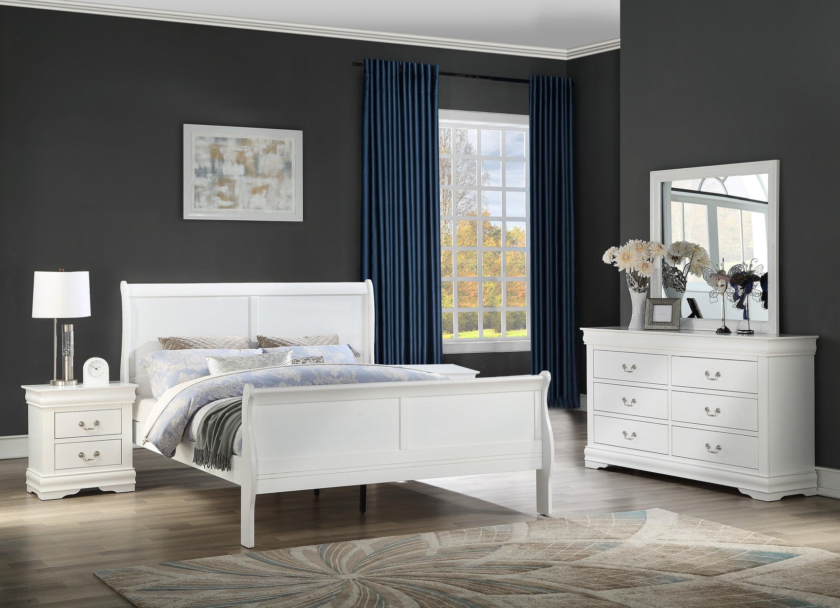 Louis Philip White Modern And Traditional Wood King Sleigh Bed - Ella Furniture