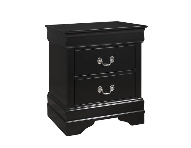 Louis Philip Night Stand Black, Sleek Contemporary Modern Wood, Pewter Bail 2 Drawers - Ella Furniture