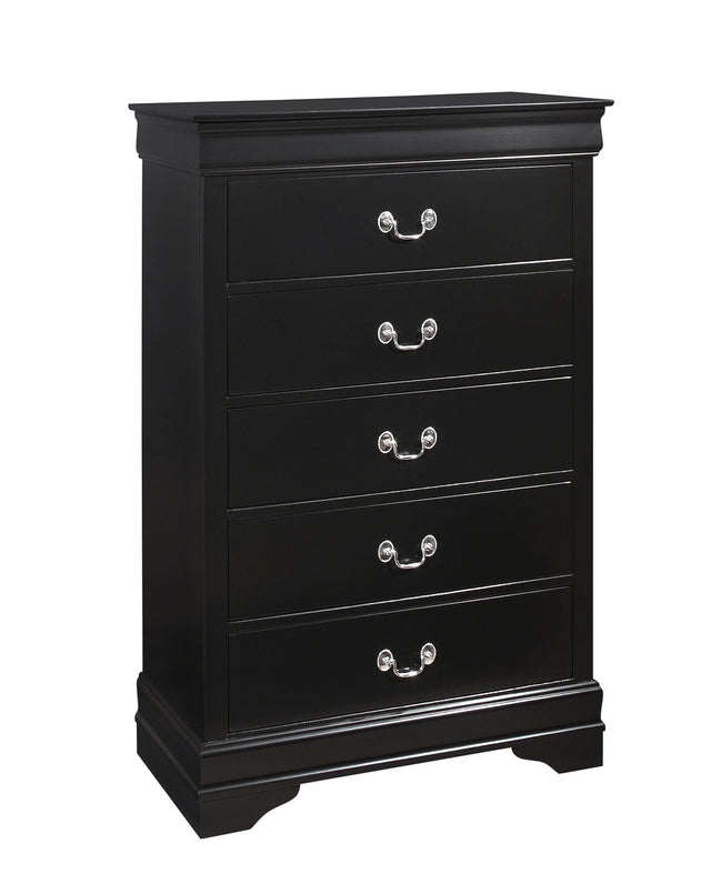 Louis Philip 5-D Chest Black, Sleek And Modern Wood And Veneers, Pewter Bail 5 Drawers - Ella Furniture