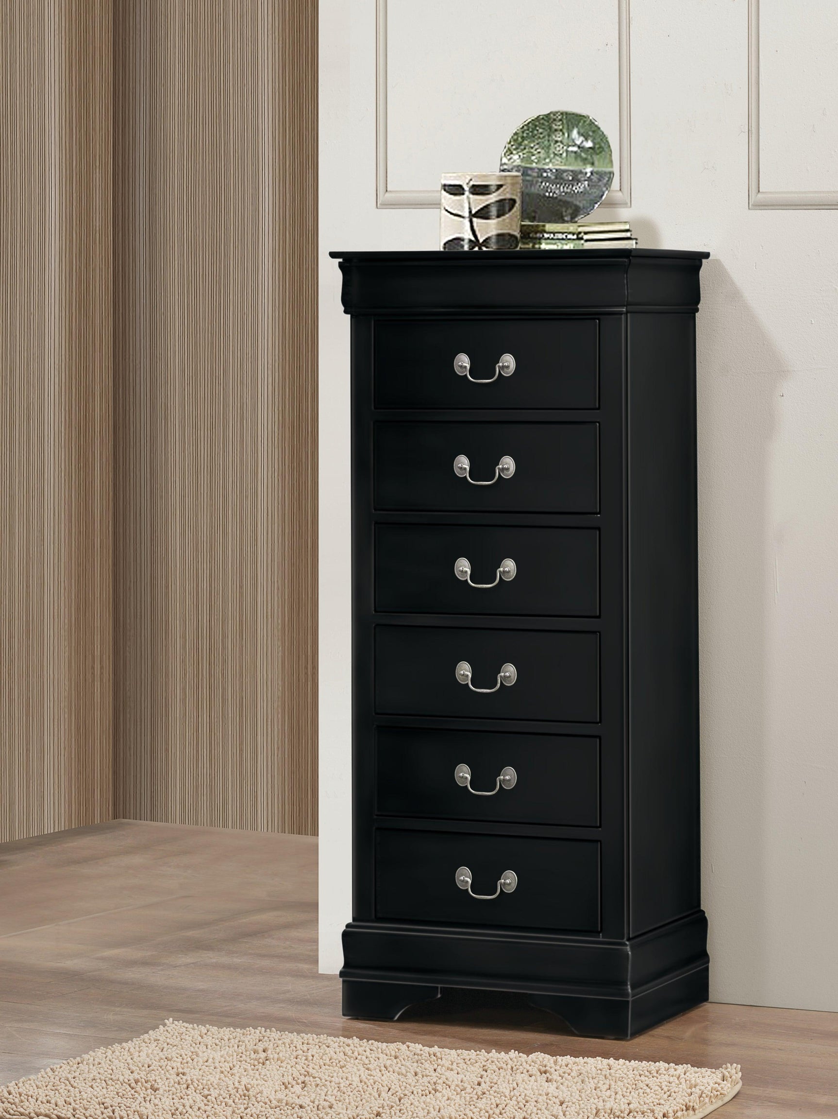 Louis Philip 5-D Chest Black, Sleek And Modern Wood And Veneers, Pewter Bail 5 Drawers - Ella Furniture