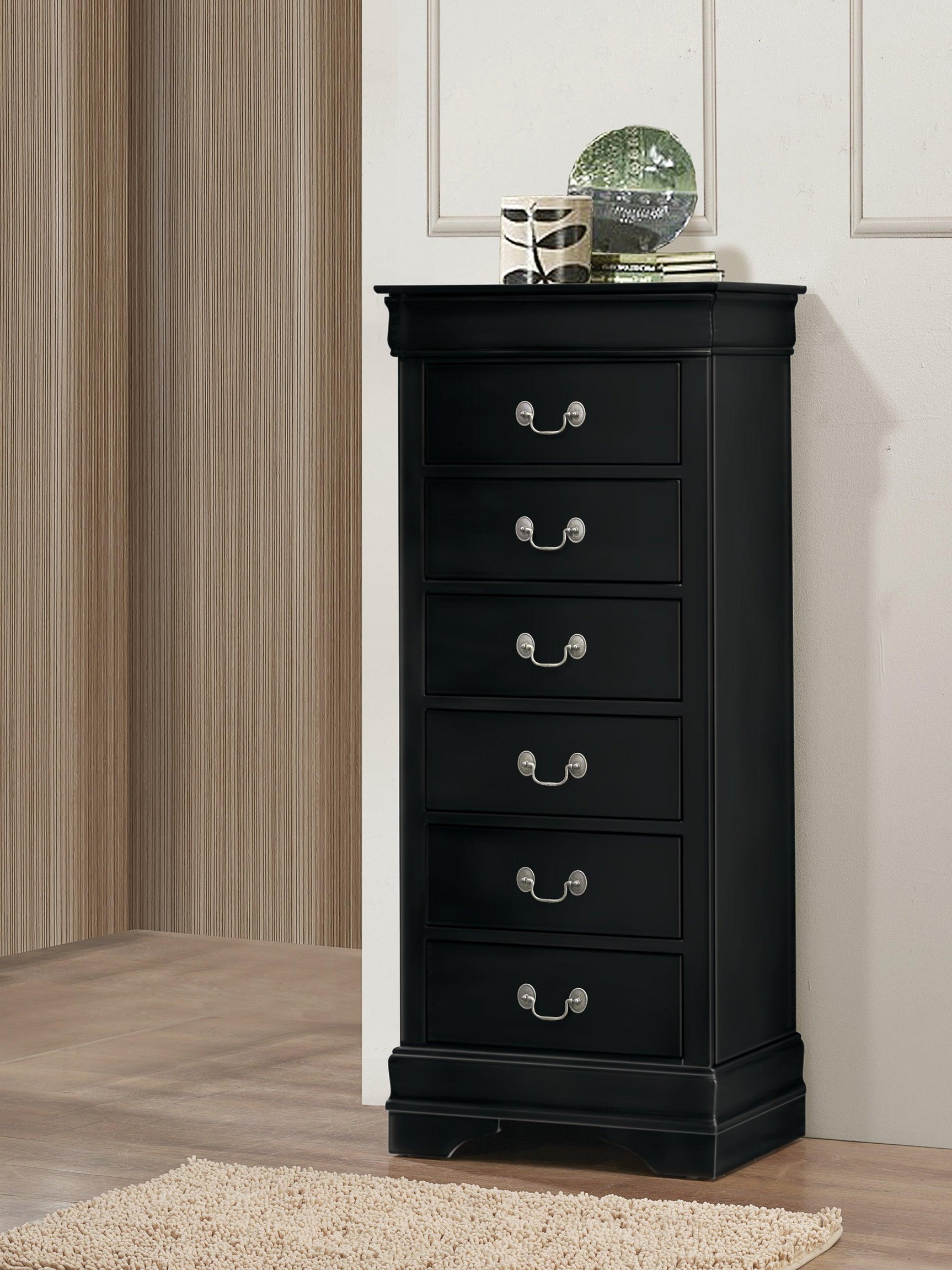 Louis Philip 6-D Dresser Black, Modern Casual Wood Veneers, Nickel Bail 6 Drawers - Ella Furniture