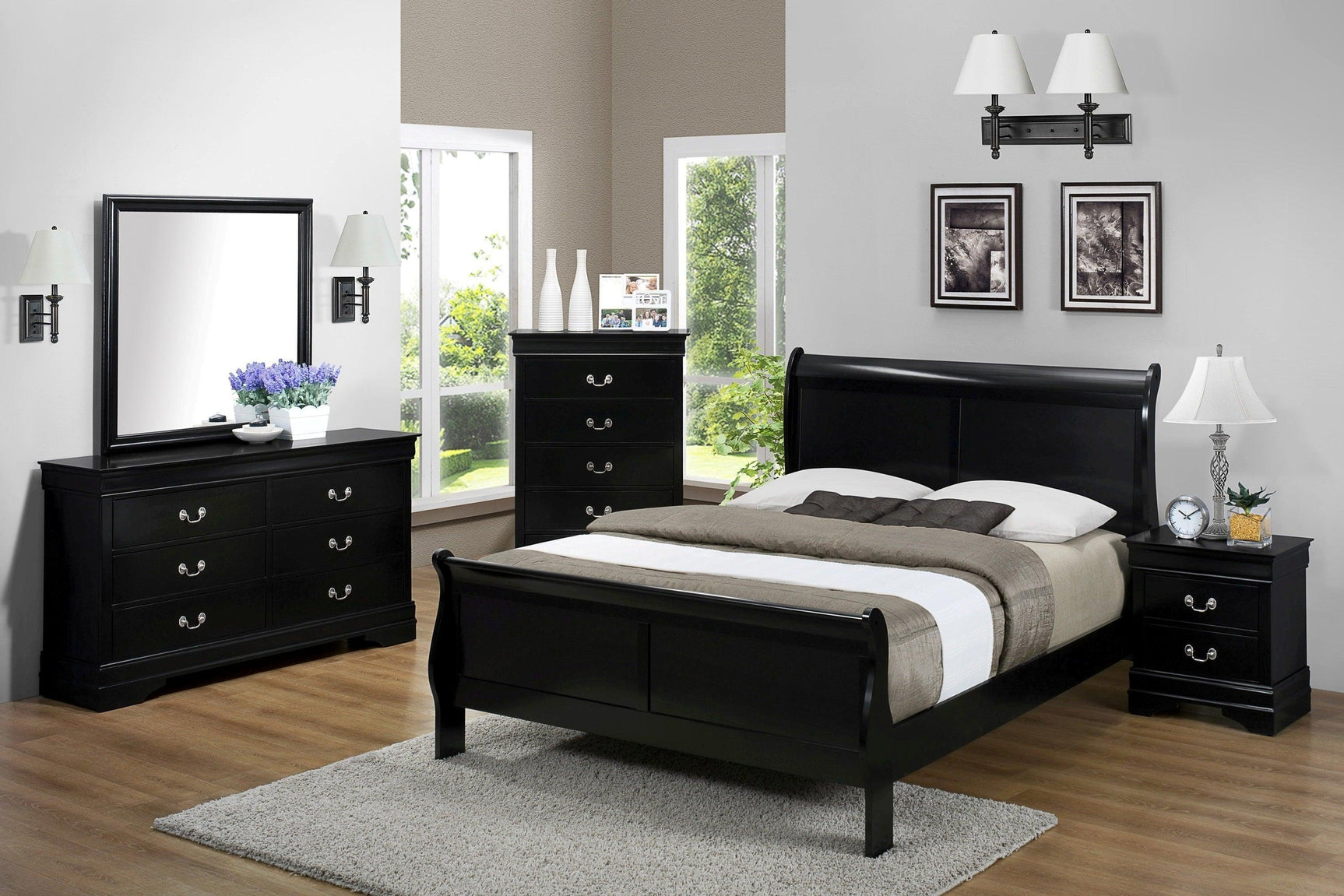 Louis Philip Black Finish Modern Smooth Contemporary Sleigh Bedroom Set - Ella Furniture