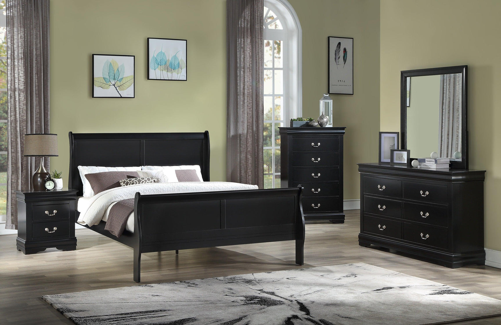 Louis Philip Dresser Black, Modern Wood Veneers, Classic Spacious 6 Drawers - Ella Furniture