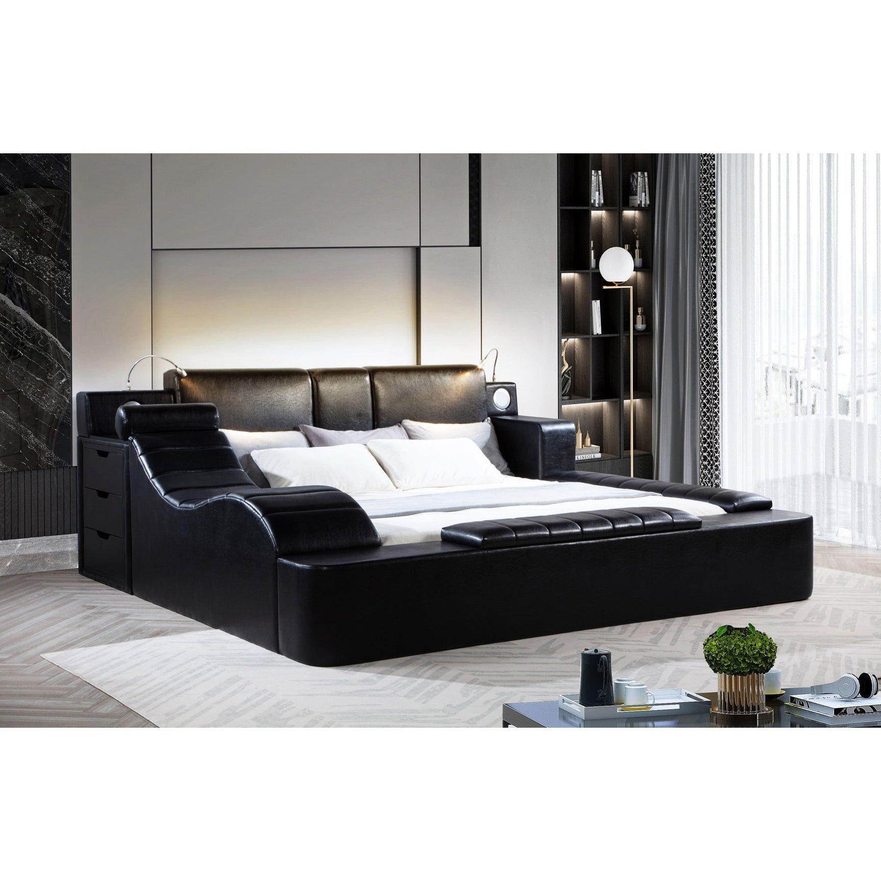 Apollo Black Upholstered LED Storage Platform Queen Bed