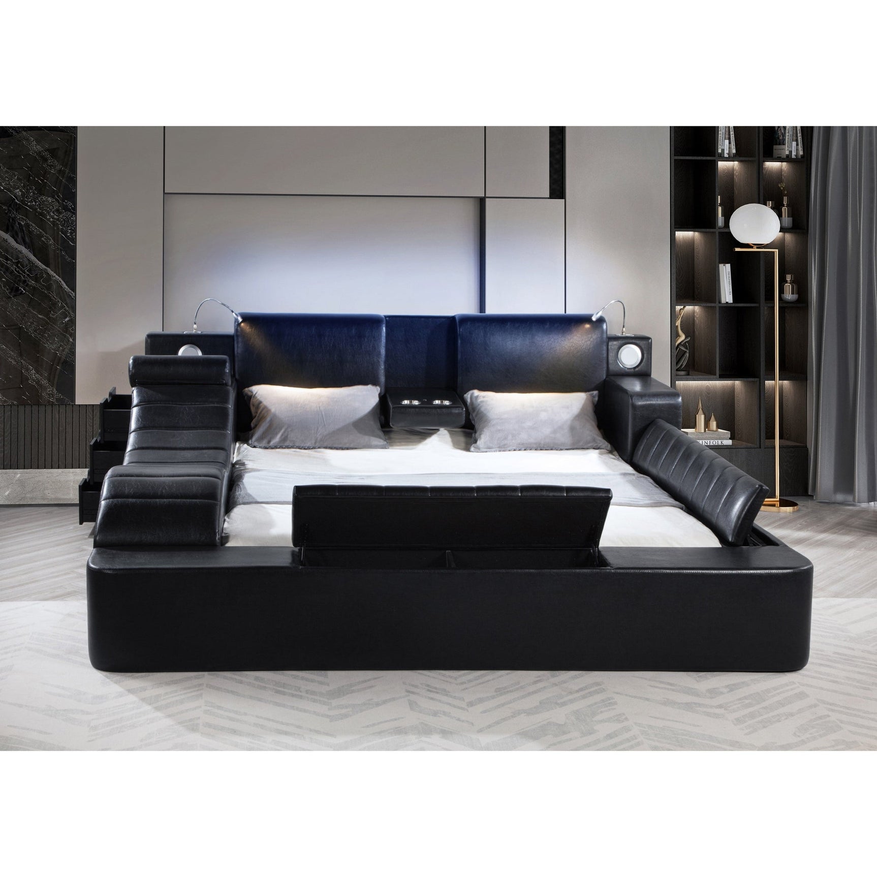 Apollo Black Upholstered LED Storage Platform Queen Bed