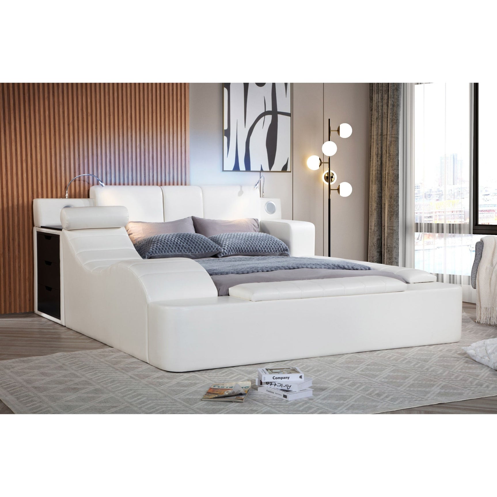 Apollo White Upholstered LED Storage Platform Queen Bed