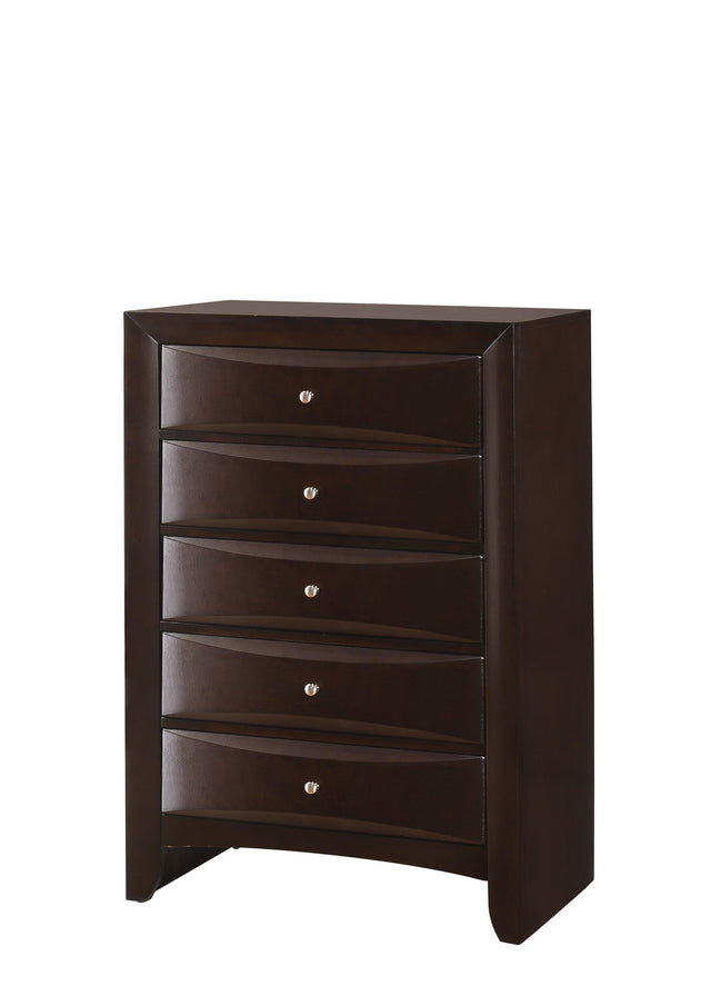 Emily Chest Dark Cherry, Modern Rubberwood And Okume Veneer, Nickel Knob 5 Drawers - Ella Furniture