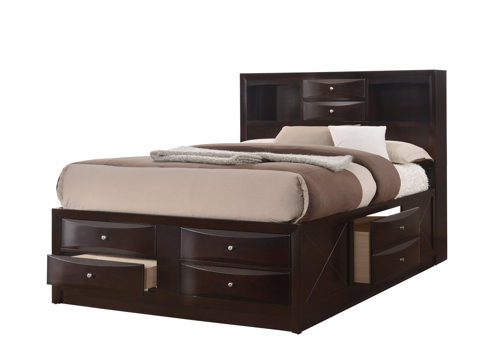 Emily Dark Cherry Modern Transitional Wood Queen Storage Bookcase Platform Bed - Ella Furniture