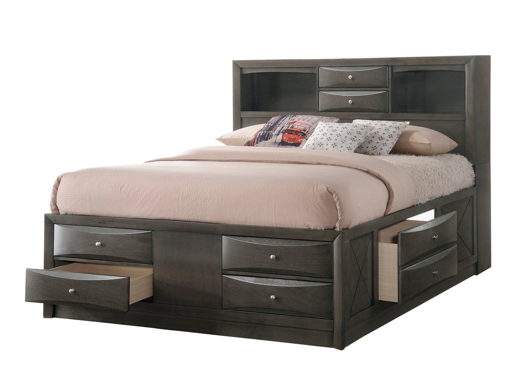 Emily Gray Finish Classic Wood King Bookcase Storage Upholstered Platform Bed - Ella Furniture