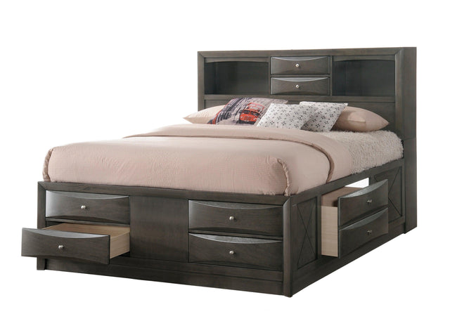 Emily Gray Finish Classic Wood King Bookcase Storage Upholstered Platform Bed - Ella Furniture